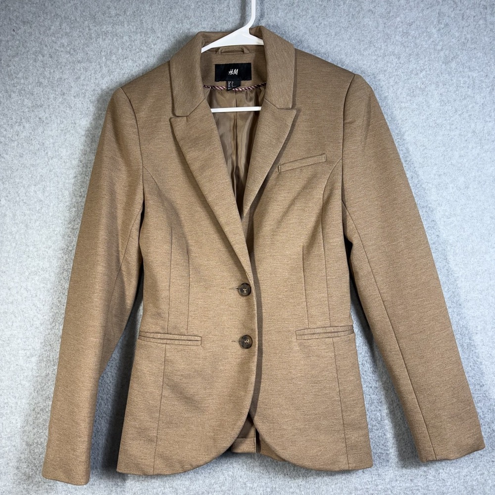 H&M Womens Blazer 6 Tan Camel Two Button Fitted Career Work Office